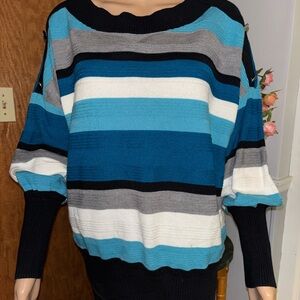 New York & Company Striped Sweater XL Blue Black White Gray Button Shoulder